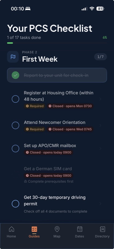 Boris PCS checklist showing phased tasks with real-time office hours status