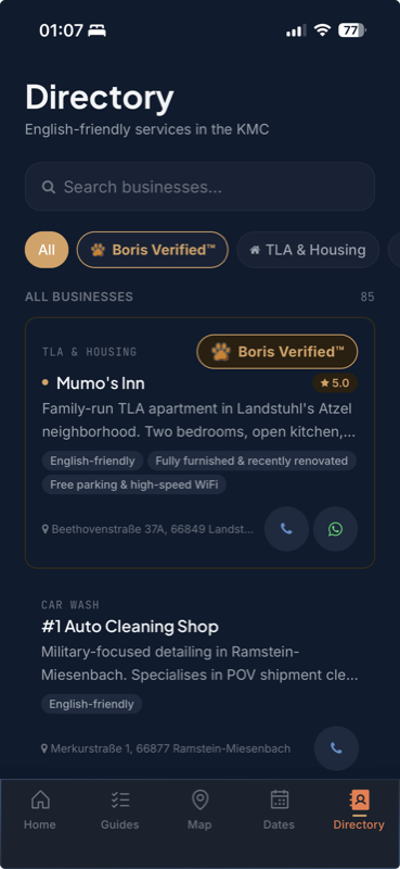 Boris directory showing Mumo's Inn with Boris Verified badge and 5-star rating