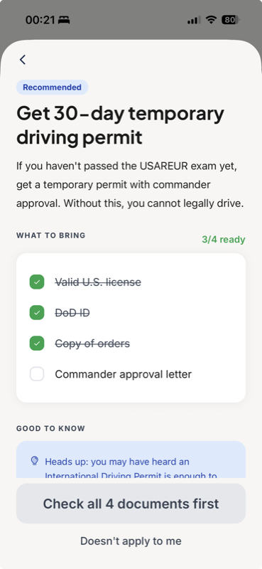 Boris task detail showing document checklist with 3 of 4 documents ready