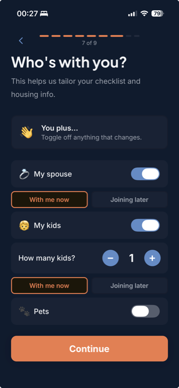 Boris onboarding asking about family composition — spouse, kids, pets