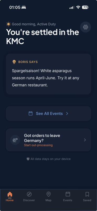 Boris settled mode home screen with seasonal tip and event link